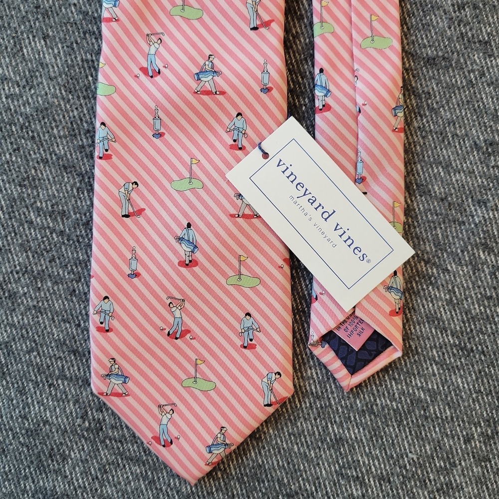 NWT Martha's Vineyard Vines Neck Tie Silk Pink Striped Golf All Over Print USA